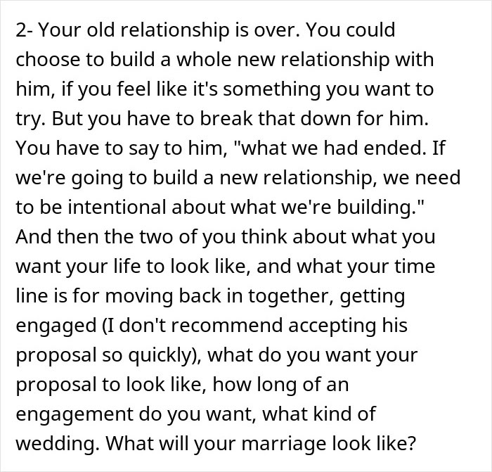 Text discussing relationship advice and considerations before accepting a proposal after a breakup and reunion.