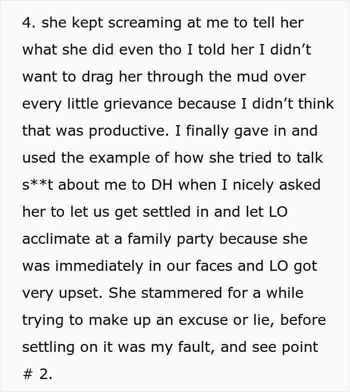 Screenshot of a new mom describing confrontation with her MIL over unhinged behavior at a family event.