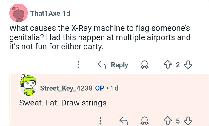 Reddit conversation showing a former TSA worker explaining why X-Ray machines may flag certain body areas during airport security.