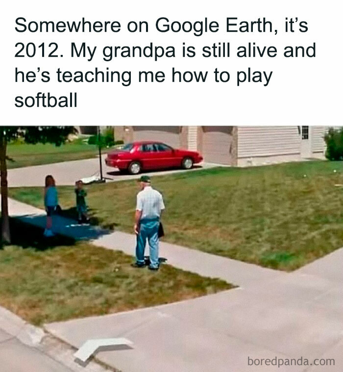 Screenshot of a funny Thunder Dungeon meme showing a grandpa teaching softball in a suburban neighborhood yard.