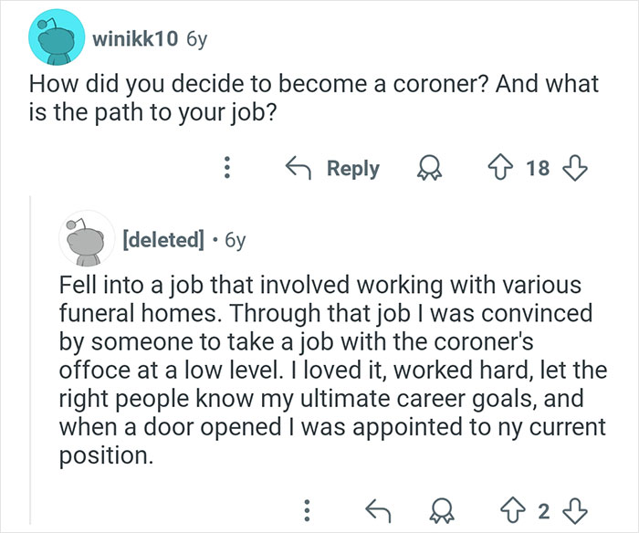 Reddit conversation about career path and experiences working in the coroner's office including interesting coroner stories.
