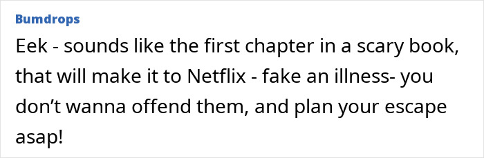 Woman visiting friend abroad looks worried as intoxicated partner serenades her in bed, considering escape plan.