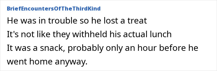 Text excerpt explaining a 5-year-old child left hungry at school after teacher denies snack as consequence for fighting.