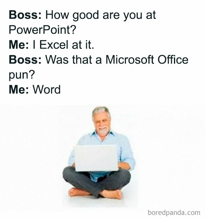 Man sitting cross-legged with laptop, funny meme about Microsoft Office pun, Thunder Dungeon humorous content.
