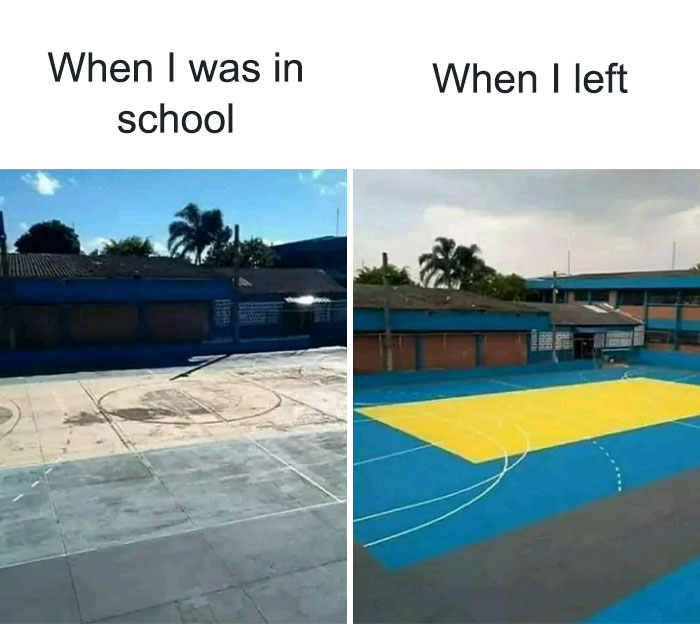 Empty school basketball court before and after with colorful paint, illustrating relatable memes to take your mind off work.