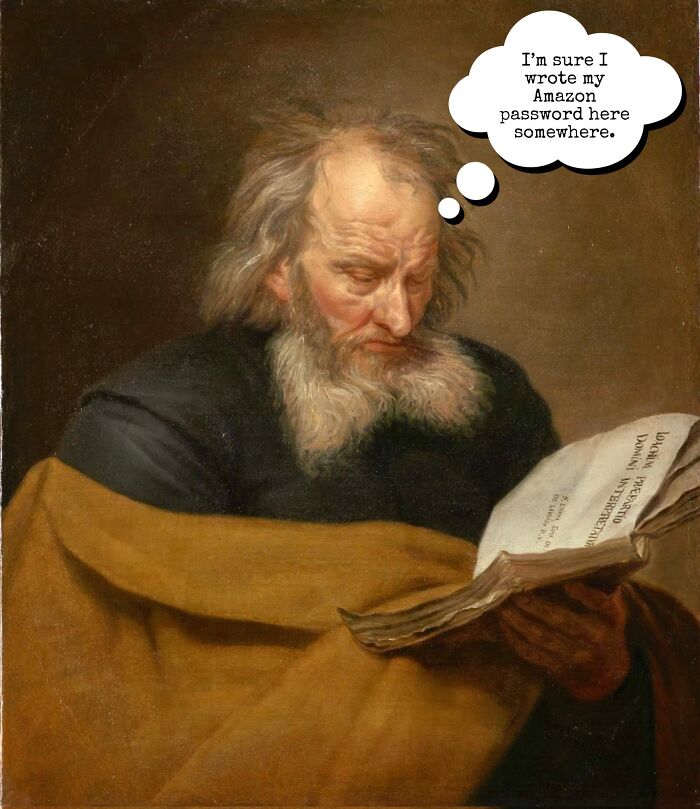 Classical painting of an elderly man reading a book with a humorous meme caption about forgetting an Amazon password.