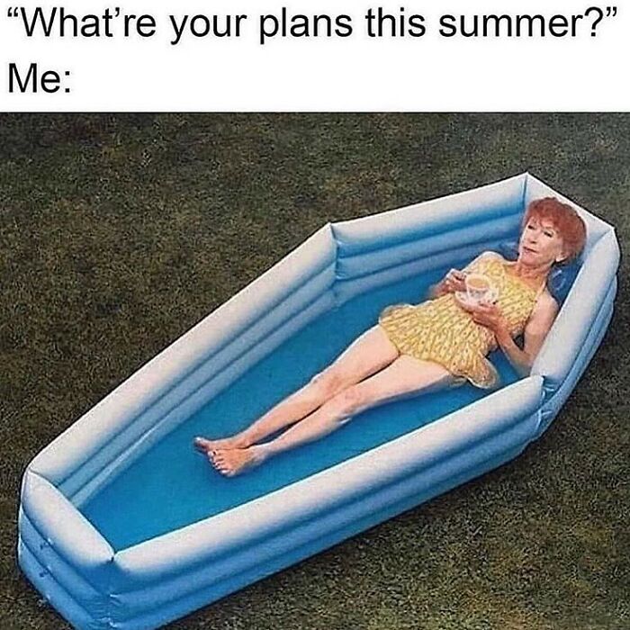 Woman relaxing in a coffin-shaped pool outdoors, illustrating a hilarious and relatable meme for horror and Halloween fans.