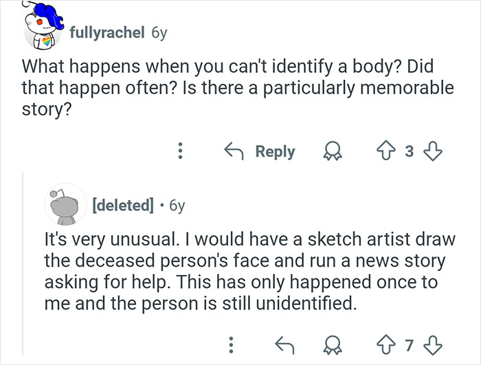 Reddit comments discussing unusual cases of unidentified bodies in interesting and sometimes crazy coroner stories.