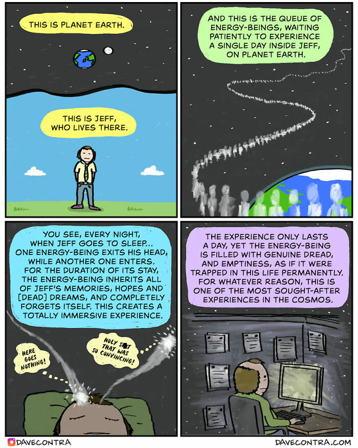 Dark and twisted comic panels by Dave Contra depicting energy-beings experiencing life inside Jeff on Planet Earth.