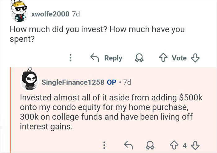 Screenshot of a conversation where a person who won $7M in the lottery explains their investments and spending.