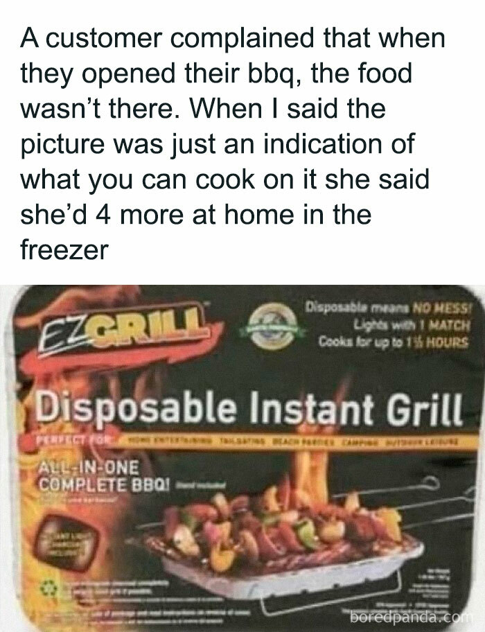 Customer complaint meme about disposable instant grill food expectation versus reality from Thunder Dungeon funny memes.