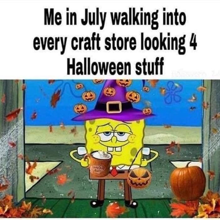 SpongeBob dressed as a witch holding Halloween decorations, humorously depicting early Halloween fan excitement.
