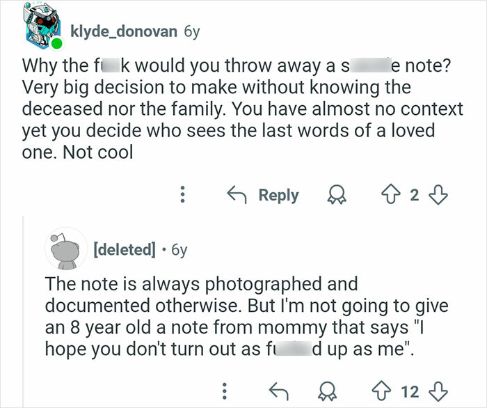 Screenshot of a coroner-related social media discussion about handling and documenting last notes from the deceased.