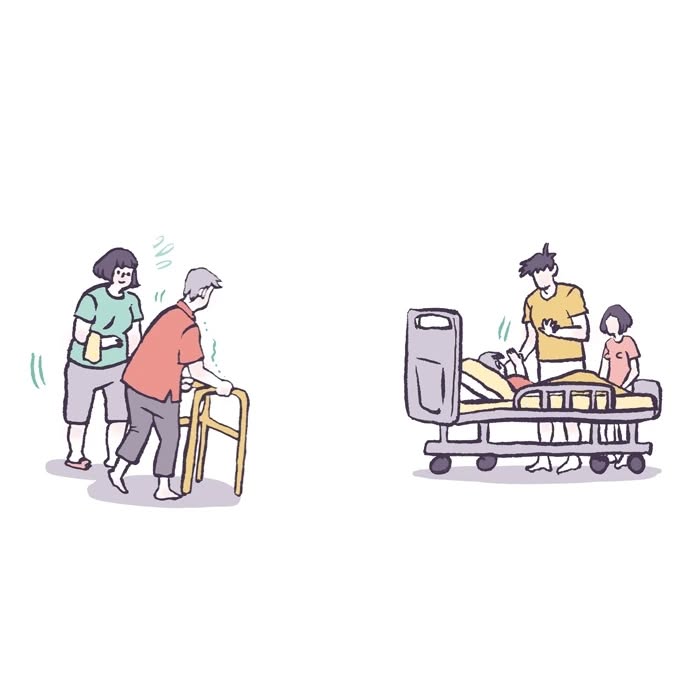 Malaysian artist drawing her life with her tall, geeky husband and playful daughter carrying flowers and groceries.