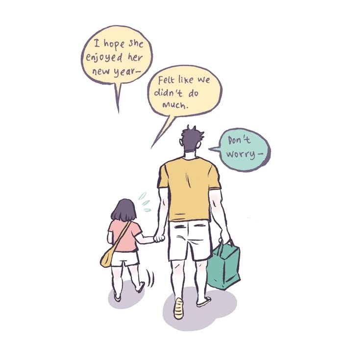 Malaysian artist drawing her life with her tall, geeky husband and playful daughter carrying flowers and groceries.
