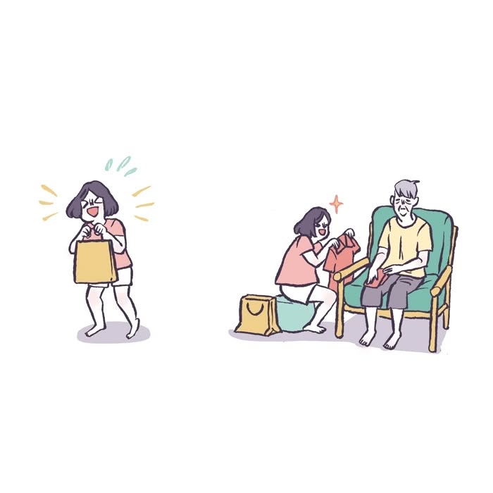 Malaysian artist drawing her life with her tall, geeky husband and playful daughter carrying flowers and groceries.