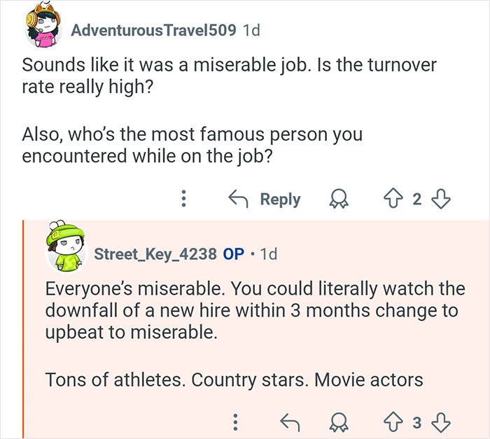 Reddit exchange where former TSA worker discusses high job turnover and encounters with athletes and celebrities.