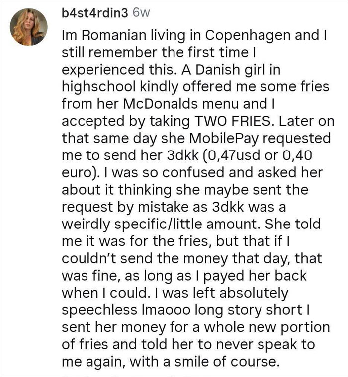 Social media post describing a Romanian’s experience learning Dutch don’t share fries or food for free. Social media post describing a Romanian’s experience learning Dutch don’t share fries or food for free.