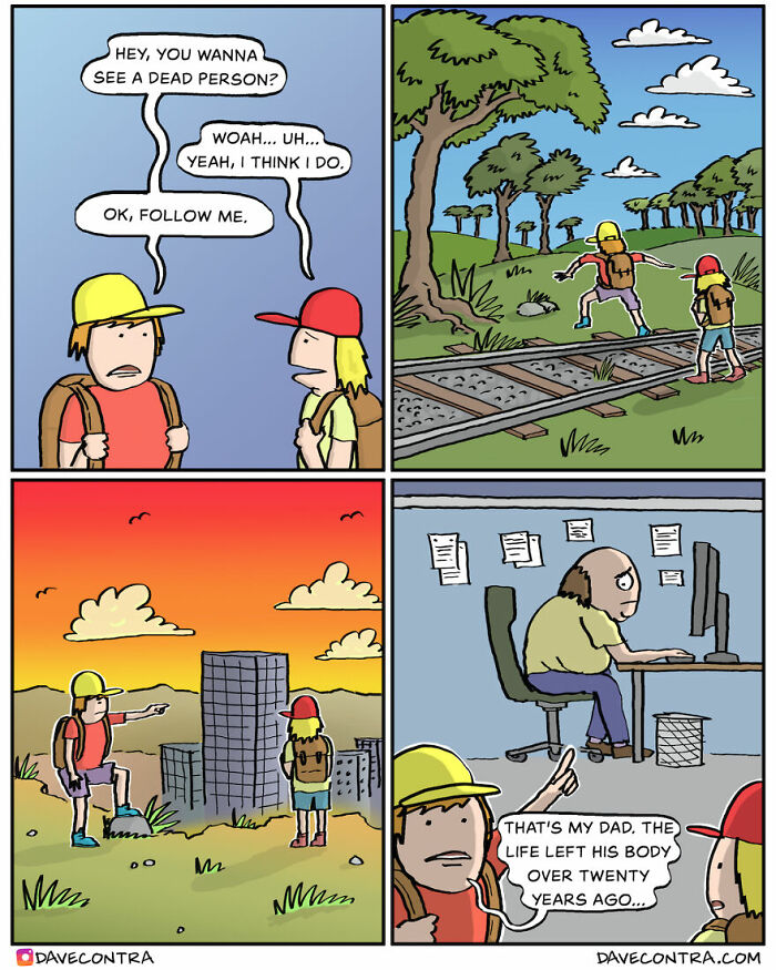 Two kids explore nature and reveal a dark and twisted comic scene by Dave Contra with a shocking family twist.