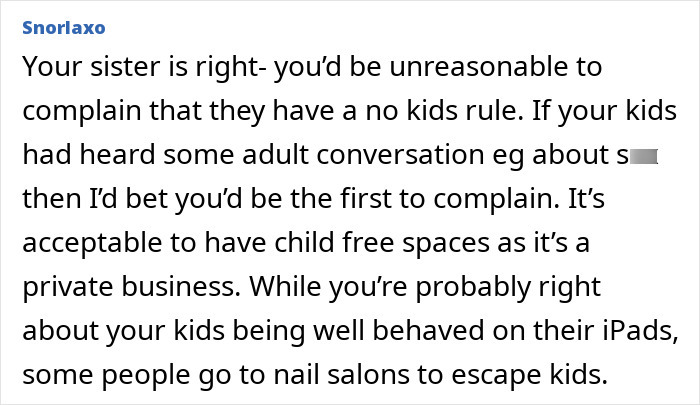 Text excerpt about opinions on taking daughters to nail salons, discussing no kids rules and child-free spaces in nail salons.