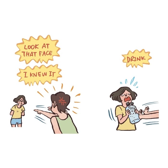 Malaysian artist drawing her life, showing relatable moments with her tall geeky husband in simple cartoon style.