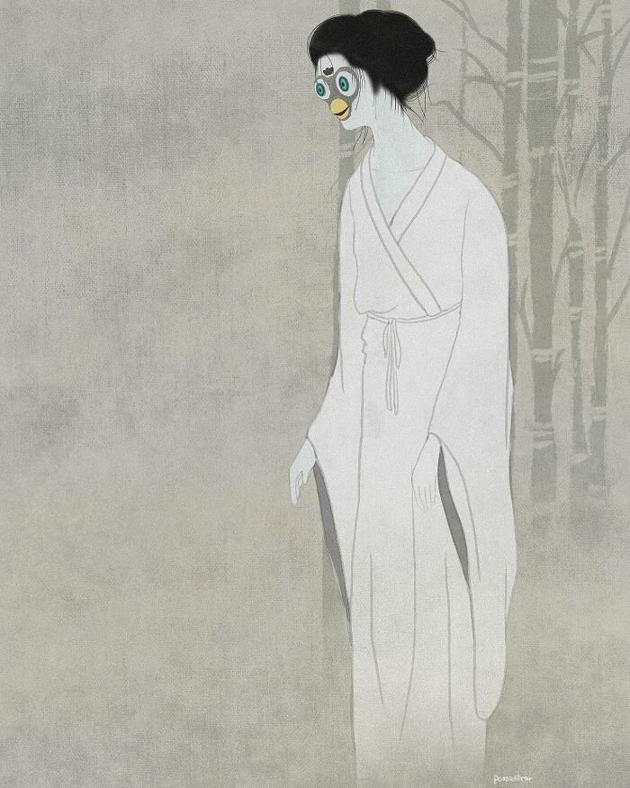 Japanese artist’s traditional painting style blends modern and classic elements in a ghostly figure with bamboo background.