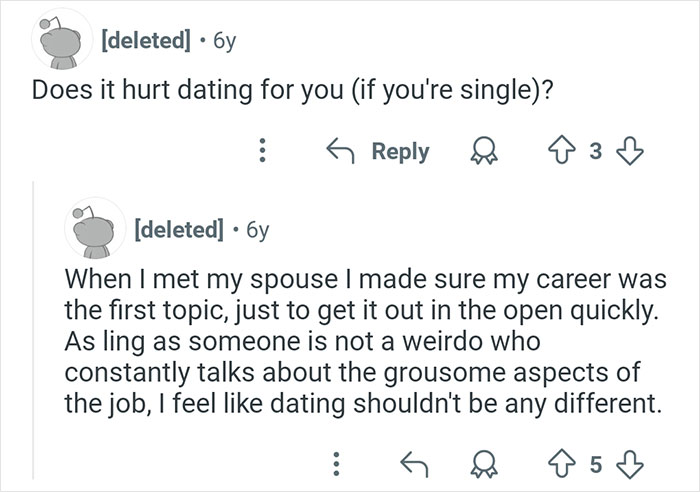 Reddit conversation about dating challenges and career in interesting and sometimes crazy stories from coroners.