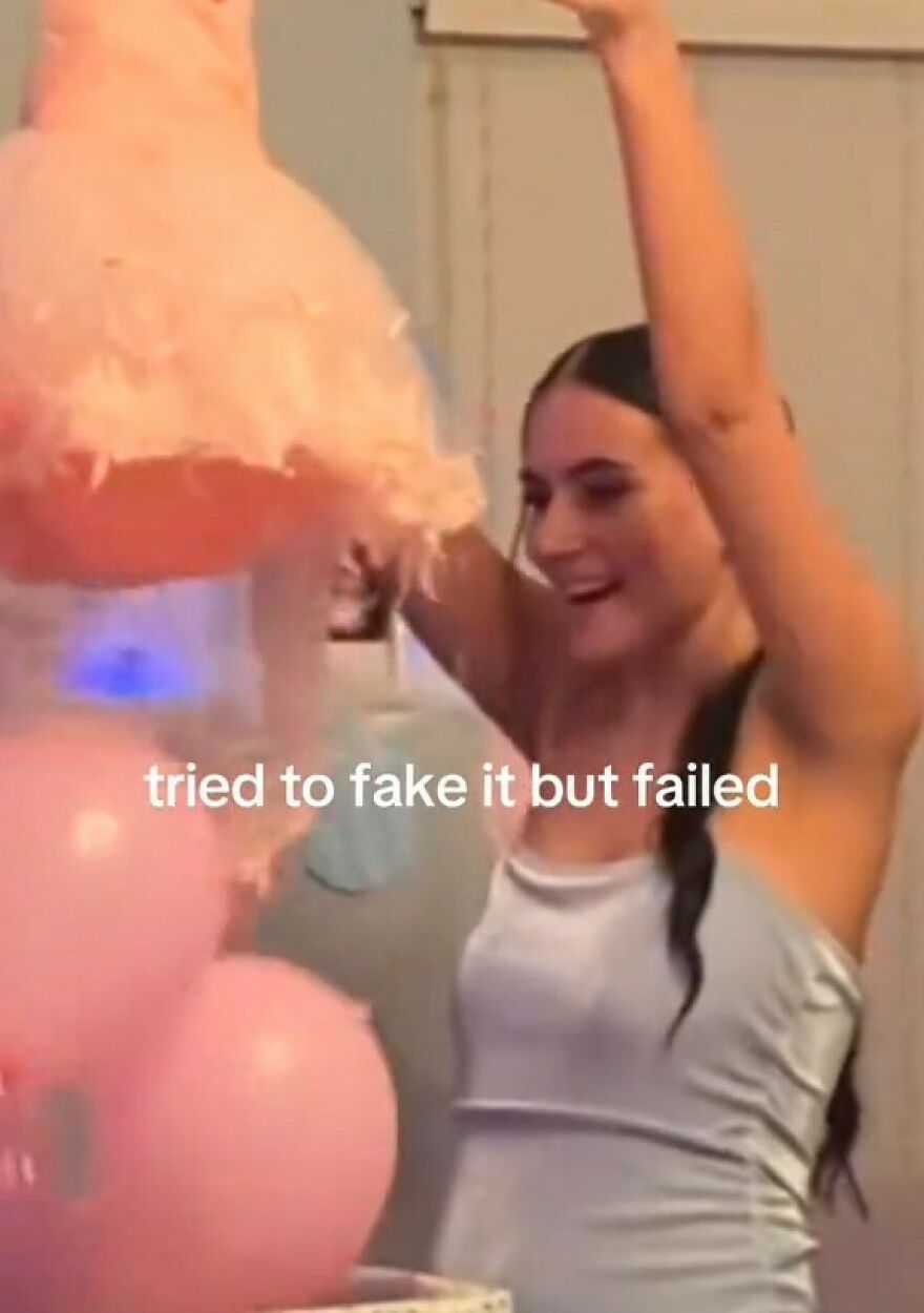 Woman celebrating gender reveal party with pink balloons, showing emotions after ex-mother-in-law ruined the event years ago