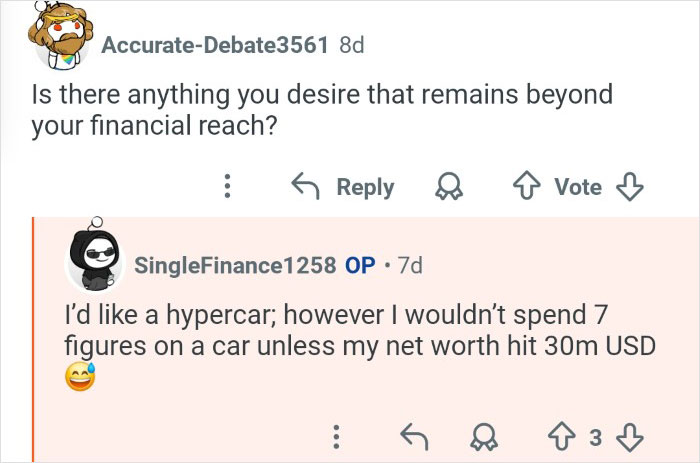 Online conversation about financial desires from person who won $7M in the lottery and their thoughts on net worth goals.