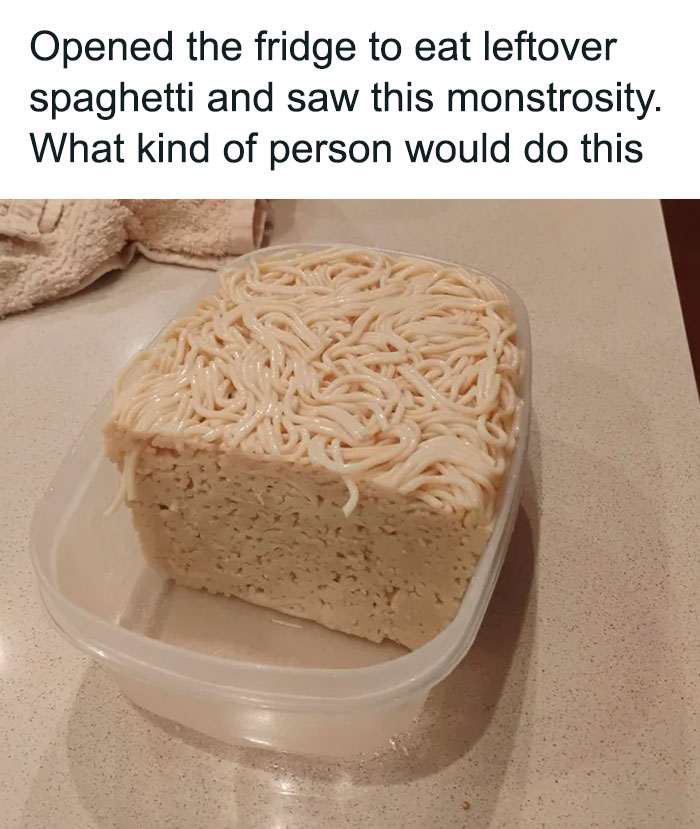 Leftover spaghetti shaped into a solid block in a container, funny meme from Thunder Dungeon collection.