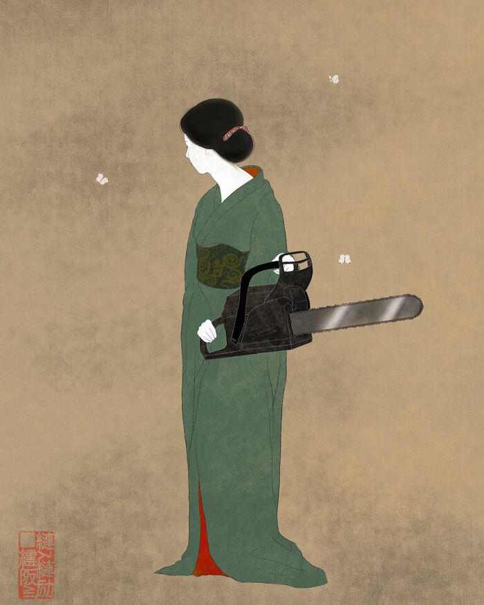 Japanese artist blending traditional painting styles with modern elements depicts woman in kimono holding a chainsaw.