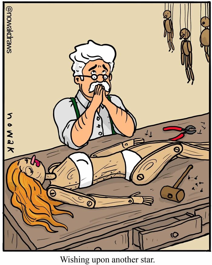 Humorous one-panel comic by Joseph Nowak showing a shocked man with a wooden puppet of a woman on a workbench.