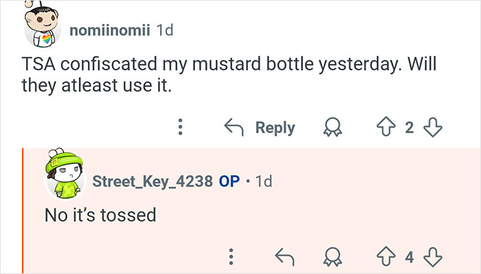 Reddit user asks about TSA confiscating mustard, former TSA worker replies it is tossed, highlighting TSA worker insights.