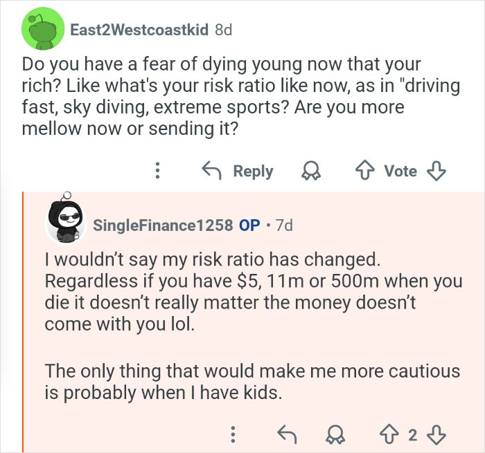 Screenshot of a Reddit conversation about risk-taking and life after winning $7M in the lottery, reflecting on wealth and caution.