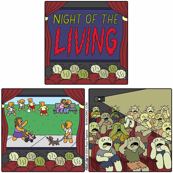 Buni comics showing cartoon zombies watching a horror movie and cute animals playing outdoors in a Halloween spirit style.