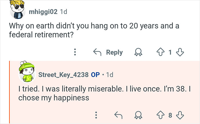 Screenshot of a conversation where a former TSA worker explains leaving the job for personal happiness and well-being.