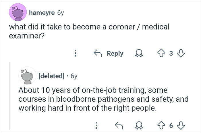 Reddit conversation about the training and qualifications needed to become a coroner or medical examiner.