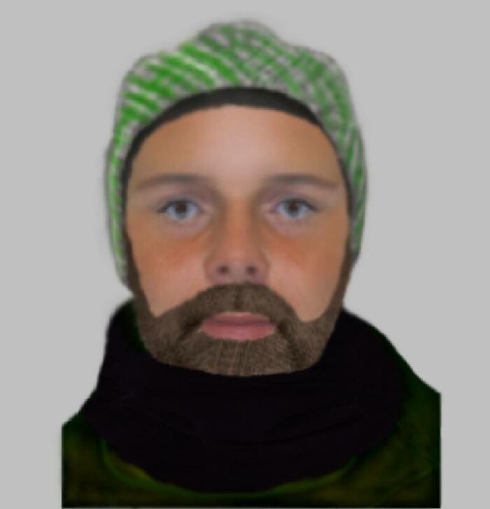 Police sketch of a man wearing a green checkered hat and black scarf, resembling a poorly drawn caricature style.