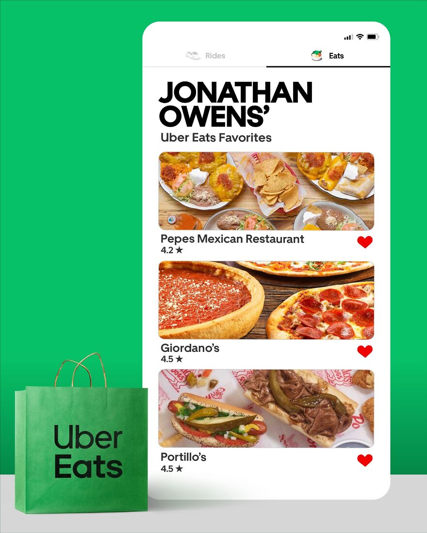 Uber Eats favorites of Jonathan Owens featuring Mexican food, deep-dish pizza, and Chicago-style hot dogs. Uber Eats favorites of Jonathan Owens featuring Mexican food, deep-dish pizza, and Chicago-style hot dogs.