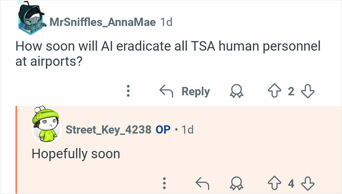 Screenshot of a Reddit conversation discussing the future of TSA human personnel and AI at airports.