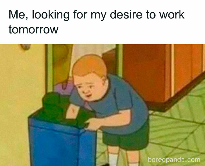 A cartoon boy searching inside a trash bin, a funny meme related to Thunder Dungeon humor and laughter.