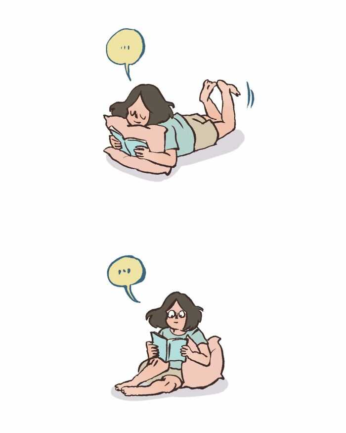 Malaysian artist's relatable drawing of life with her tall, geeky husband in casual, cozy reading moments together.