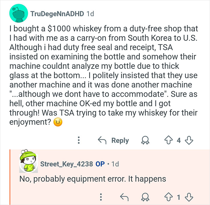 Reddit user shares TSA experience with duty-free whiskey bottle while former TSA worker explains possible equipment error.