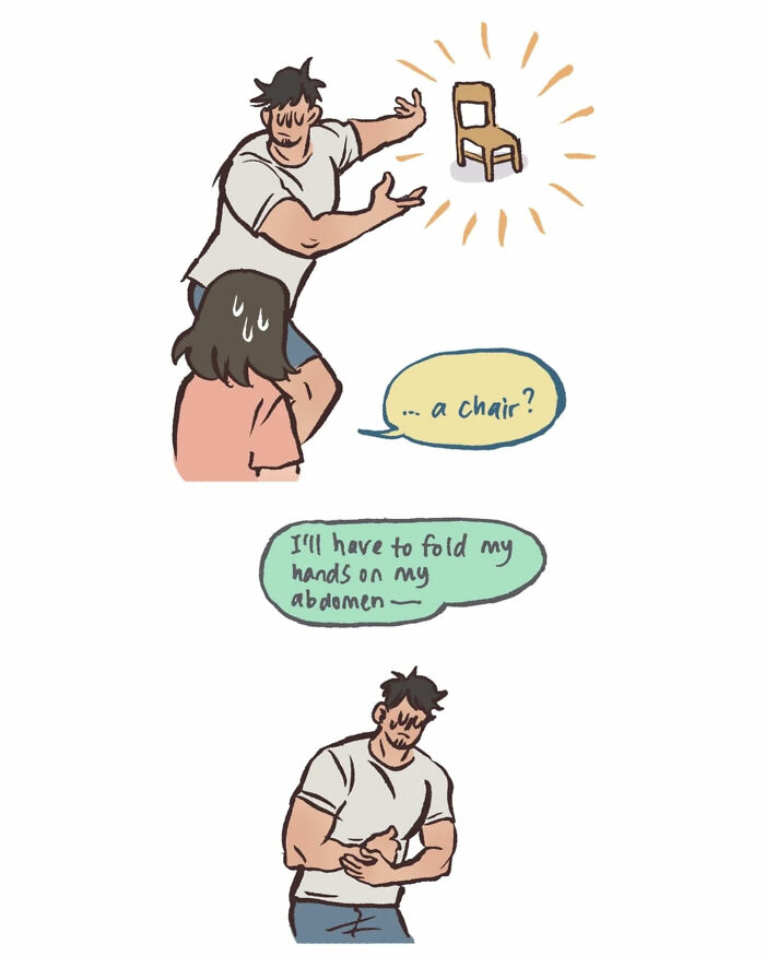 Malaysian artist cartoon showing life with her tall, geeky husband during a Heimlich maneuver while eating.