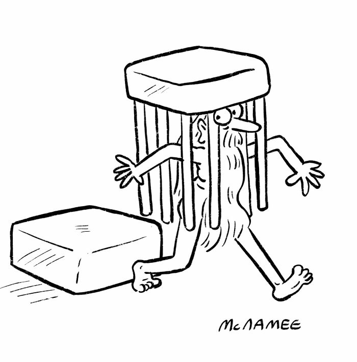 Black and white comic by New Yorker cartoonist showing a man trapped inside a cage made of a stool turned upside down.