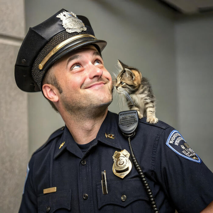 Police officer in uniform talking on the phone, discussing a report about the most destructive thing cat ever done.