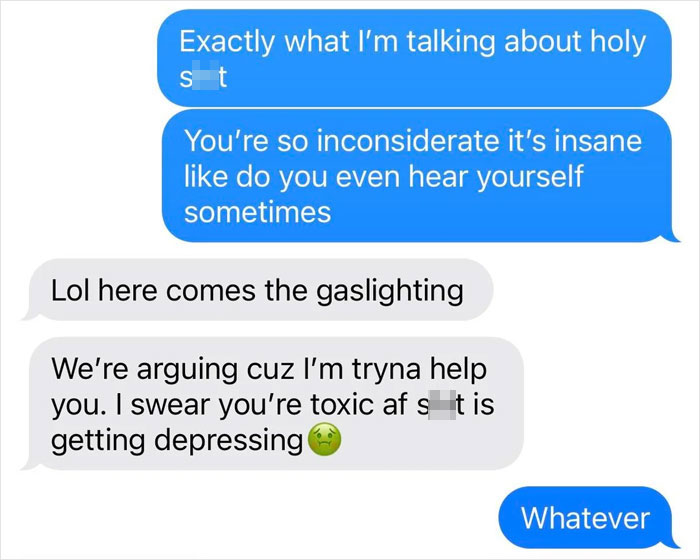 Text messages showing a heated exchange where a man accuses pregnant girlfriend of gaslighting and being toxic.