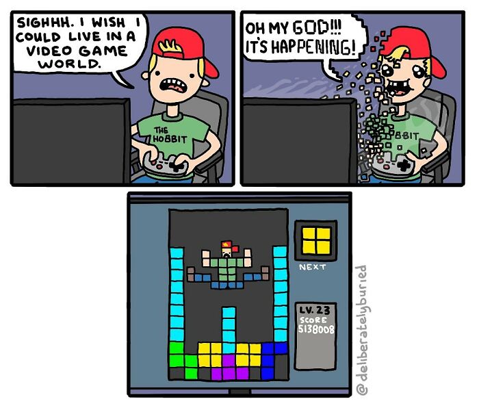 Comic artist creates dark humor comics showing a gamer merging into a Tetris video game world.