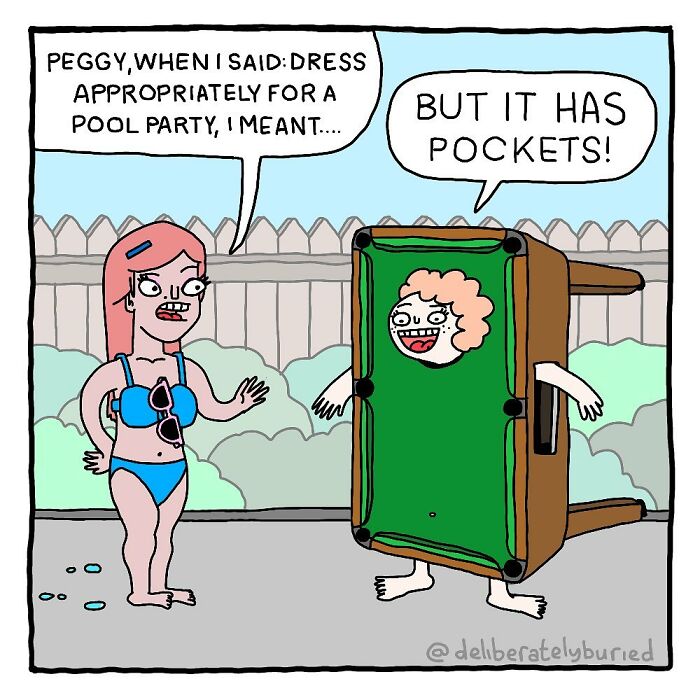 Comic panel showing a dark humor artist's unexpected ending with a person dressed as a pool table at a party.