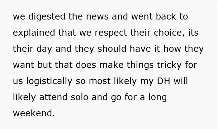 Text excerpt discussing couple’s logistical challenges attending BIL's wedding after child-free policy announcement. Text excerpt discussing couple’s logistical challenges attending BIL's wedding after child-free policy announcement.